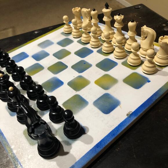 Large Painted Chess Set - Blue/Yellow & White - Picture 5 of 11